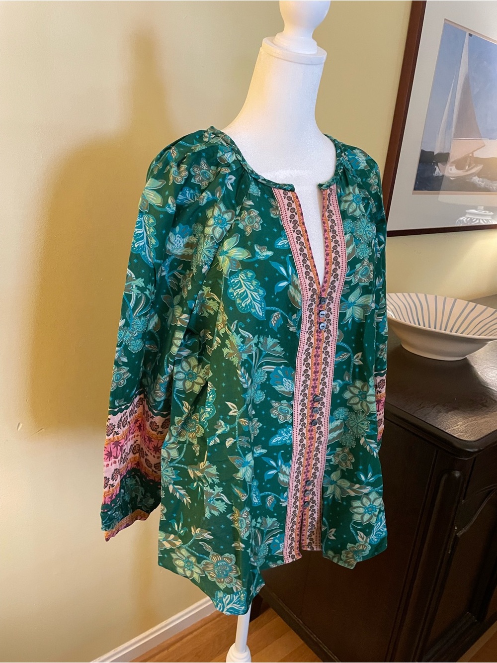 Sundance Green Floral Pattern Top with Coral Trim